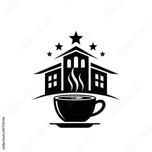 A black & white cafe logo with a building & a steaming coffee cup