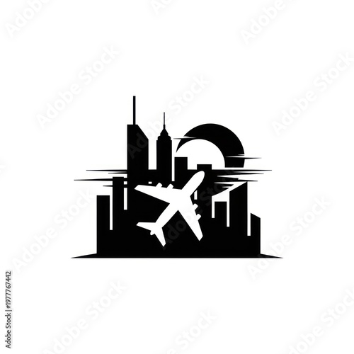 A black and white graphic depicting a city skyline with an airplane flying across the frame