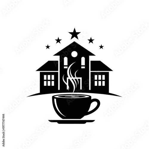 Black and white logo featuring a house with a coffee cup