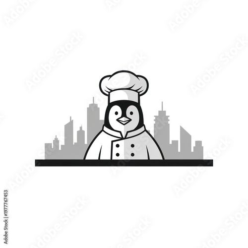 Adorable penguin chef in uniform, in front of a city skyline, simple black and white design