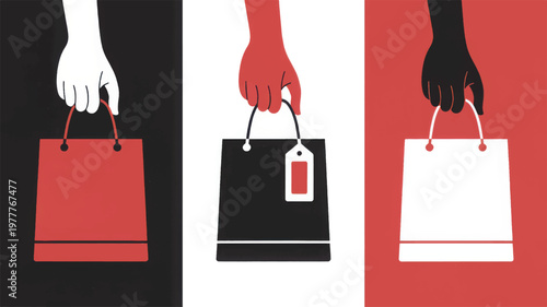 Hands of diverse skin tones holding shopping bags in red, black, and white panels keywords: shopping, bags, hands, holding