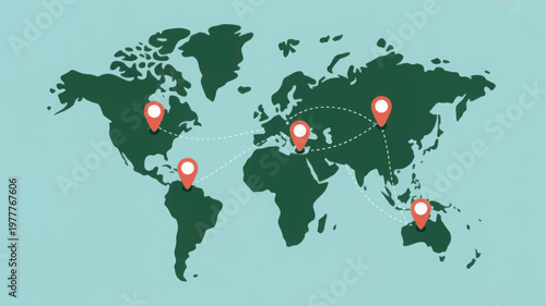 Map with red location pins connected by dashed lines indicating global travel and connections keywords: map, global, travel