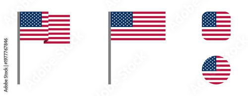 USA US United States of America or American Flag Set with Various Design Styles including Waving with Flagpole and Round. Vector Image.