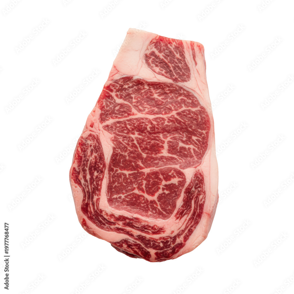 Fototapeta premium A single premium raw ribeye steak, ruby-red with intricate white marbling and a creamy fat cap, glistening on a transparent studio background, premium culinary quality concept