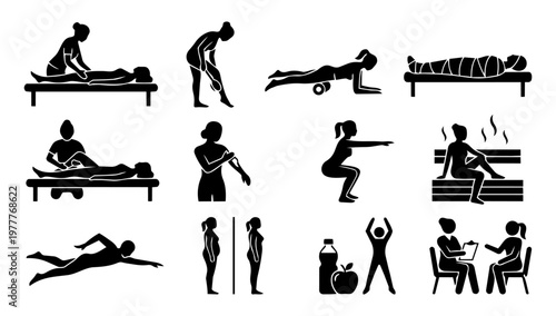 Body Treatment and Wellness Silhouettes Massage Therapy Spa Self Care Scenes Set