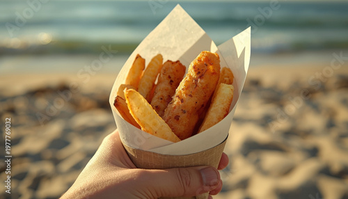 A hand holding a paper cone filled with fish and chips at the beach