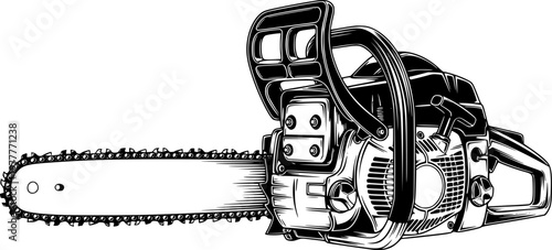 a detailed black and white illustration depicts a powerful chainsaw showing its sharp teeth and robust structure a striking silhouette