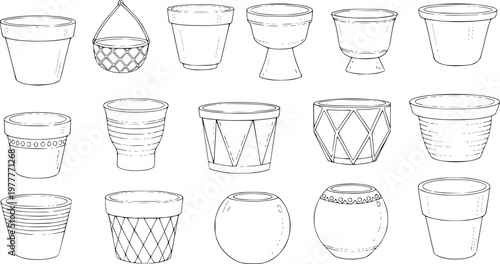 Hand Drawn Vector Illustration Set of Empty Plant Pots and Flowerpots. Collection of Various Outline Sketch Designs for Gardening, Plants, and Home Decor 