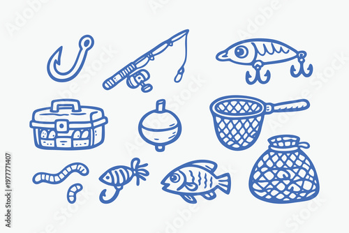 Hand Drawn Fishing Gear Doodle Set
