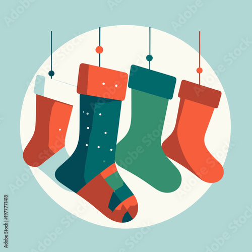 Ilustração vetorial de meias de Natal coloridas penduradas, prontas para receber presentes e celebrar a alegria da temporada festiva de inverno.