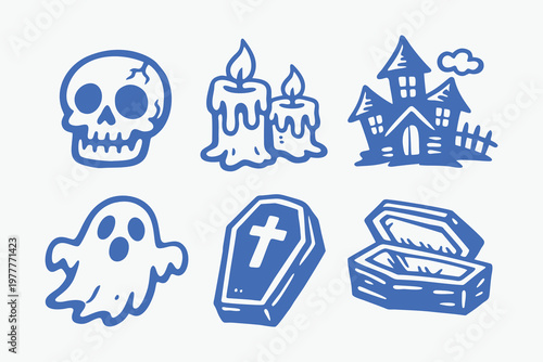 Set of Blue Hand-Drawn Halloween Icons