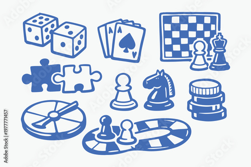 Blue Hand-Drawn Board Game and Gambling Icon Set