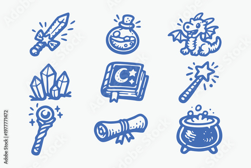 Hand-Drawn Blue Fantasy Magic RPG Doodle Icon Set