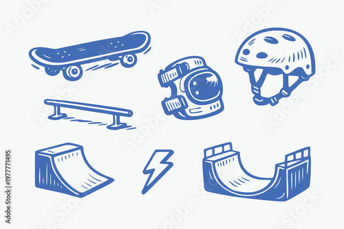 Hand-drawn Skateboarding Equipment and Skate Park Icons