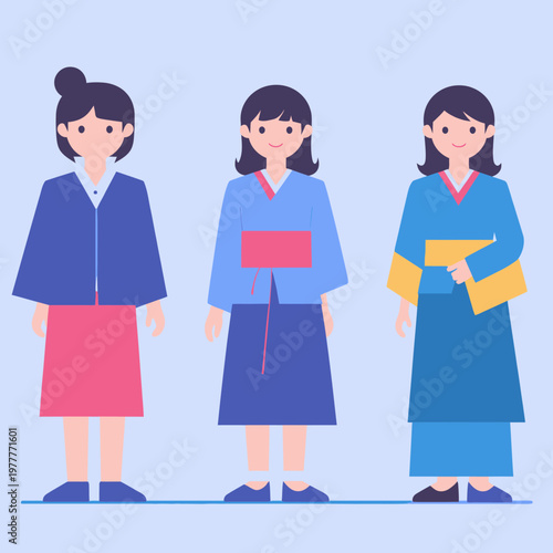 Eine flache Vektorillustration von drei jungen Frauen, die verschiedene farbenfrohe traditionelle koreanische Hanbok-Gewänder vor blauem Hintergrund tragen.