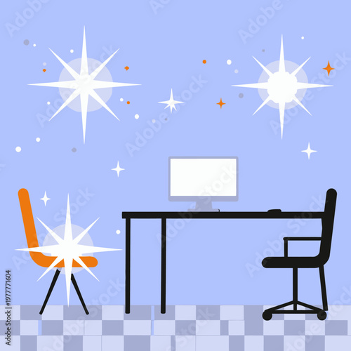 Moderner Arbeitsplatz mit Schreibtisch, Monitor und Stühlen, der durch funkelnde Sterne eine extrem saubere und organisierte Atmosphäre ausstrahlt.