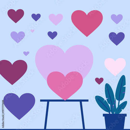 Eine moderne flache Illustration mit bunten Herzen in verschiedenen Größen über einem Tisch und einer Zimmerpflanze auf blauem Hintergrund.