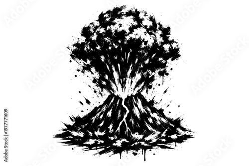 olcanic Eruption Illustration, Bold ink-style volcanic eruption with smoke and ash forming a mushroom-shaped cloud