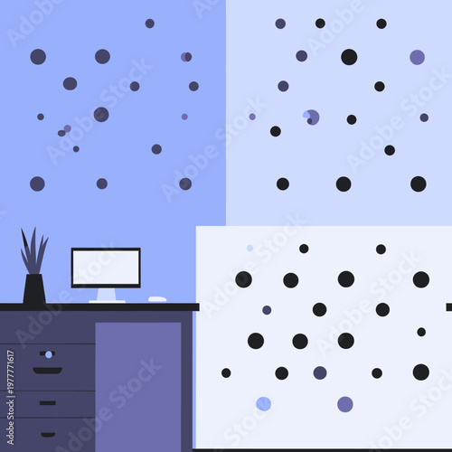 Ein moderner Arbeitsplatz mit Schreibtisch, Monitor und Zimmerpflanze vor einem abstrakten Hintergrund mit blauen und violetten Kreisen.