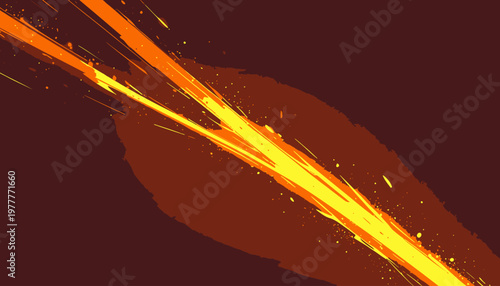 Abstrakter Hintergrund mit dynamischen orangefarbenen Pinselstrichen und leuchtenden gelben Akzenten auf einem tiefbraunen, minimalistischen Untergrund.