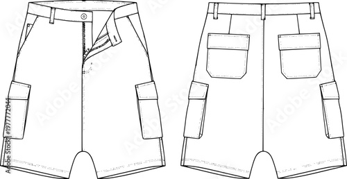 mens wide leg baggy bermuda shorts fashion flat sketch vector illustration technical cad drawing template