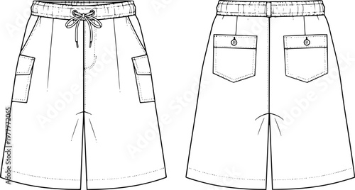 mens wide leg baggy bermuda shorts fashion flat sketch vector illustration technical cad drawing template
