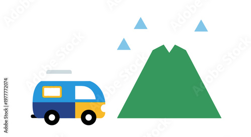 Flat Vector Illustration of a Camper Van and a Snow-Capped Mountain, Minimalist Travel and Adventure Concept