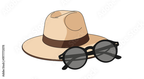 Classic Fedora Hat and Round Sunglasses Vector Illustration Isolated on White Background for Summer Travel and Fashion Concept