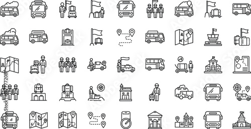 Tourism and public transport line icons set with bus travel map guide location route and city transportation concepts