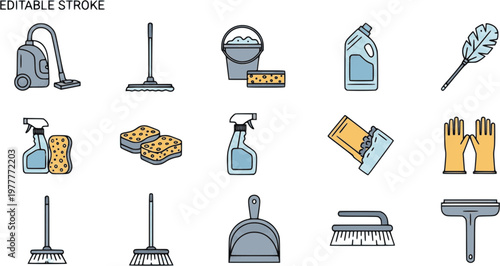 Black and white vector set of cleaning and household icons in silhouette style.