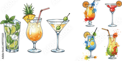 Hand drawn tropical summer cocktail vector set with watercolor splash effects featuring mojito pineapple martini and blue lagoon drinks isolated on white background for bar menu.