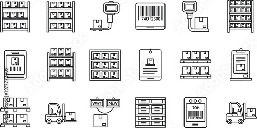Warehouse logistics and inventory management line icons set with barcode scanning storage shelving shipping and supply chain concepts