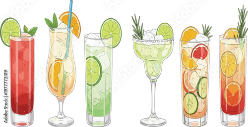 Refreshing summer cocktail vector set featuring colorful mixed drinks with lime orange cucumber and rosemary garnishes isolated on white background for bar menu design.