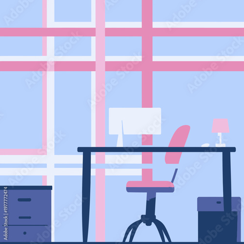 Illustration vectorielle d'un bureau moderne avec ordinateur, chaise ergonomique et mobilier de rangement dans un style minimaliste aux tons pastel.