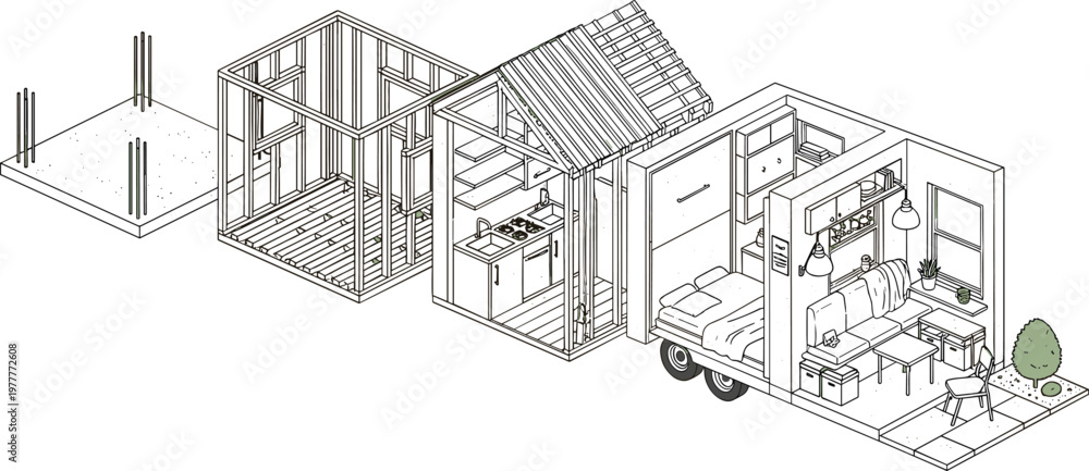 Obraz premium Set of Tiny House Construction and Interior Layout Illustrations Featuring Modular Building Structure, Framing, and Compact Living Design