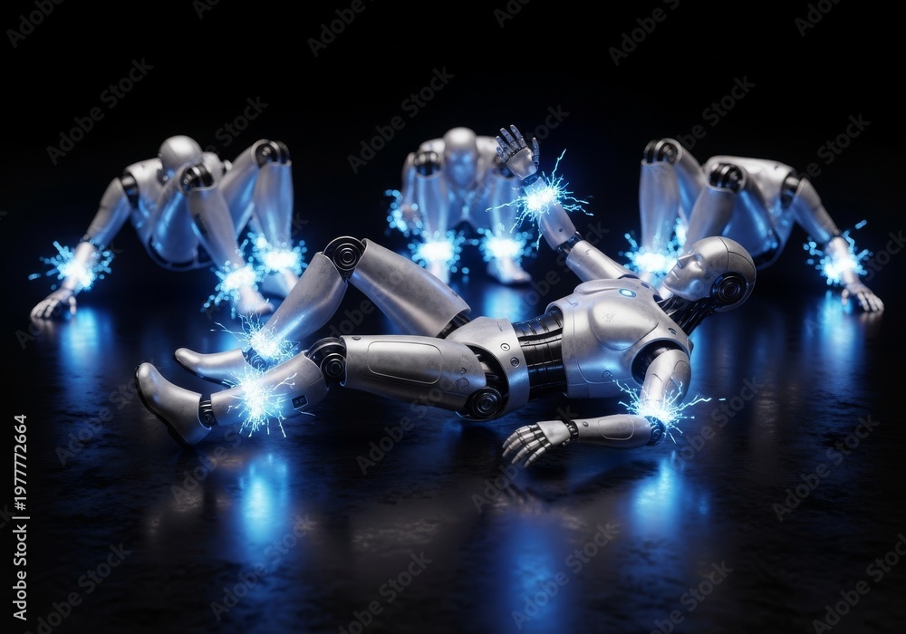 Fototapeta premium A sleek silver robot collapses repeatedly on a dark reflective surface while bright blue electrical sparks erupt from its damaged joints, malfunction, infinite, android