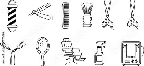 A set of black line illustrations of various hairdressing tools on a white background
