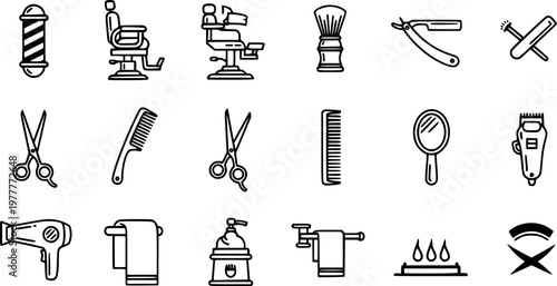 A set of black line illustrations of various hairdressing tools on a white background