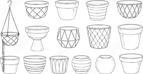 Hand Drawn Vector Illustration Set of Empty Plant Pots and Flowerpots. Collection of Various Outline Sketch Designs for Gardening, Plants, and Home Decor