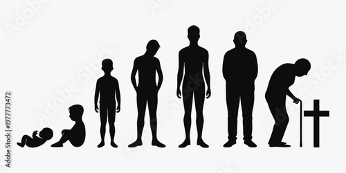 A series of human silhouettes representing different stages of life from birth to old age standing against a plain background