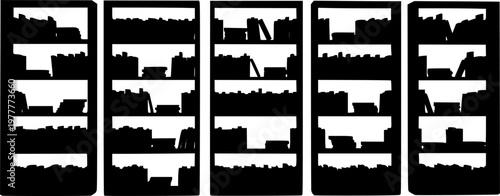 a striking visual of several tall filled bookshelves arranged in a row presenting a minimalist aesthetic silhouette high quality professional detailed