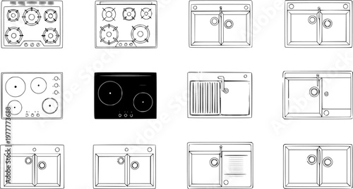 Vector set of kitchen elements top view: various cooktops (stoves) and sinks for architectural floor plans and interior layouts.