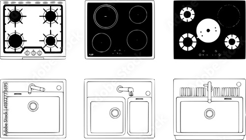 Vector set of kitchen elements top view: various cooktops (stoves) and sinks for architectural floor plans and interior layouts.