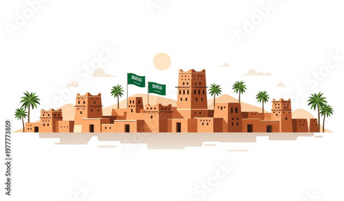Al Diriyah Saudi Arabia historic ruins vector illustration with Najdi architecture and National Day theme