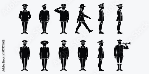 A group of military personnel in various poses in silhouette