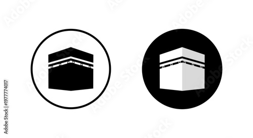 Kaaba icon in black circle. Islamic holy mosque symbol. Mecca hajj pilgrimage symbol