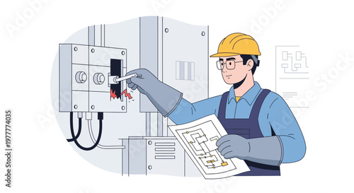 Electrician Inspecting Electrical Panel with Blueprint, Safety Gear