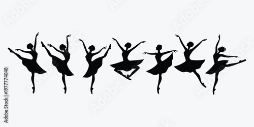 A group of ballet dancers in various poses against a plain background silhouette