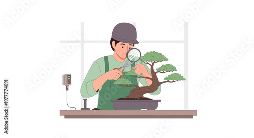 Gardener meticulously prunes bonsai tree with scissors and magnifying glass, indoor hobby