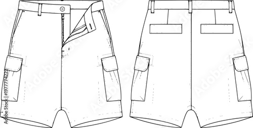 mens wide leg baggy bermuda shorts fashion flat sketch vector illustration technical cad drawing template